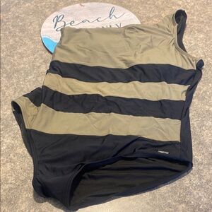 DKNY Olive and Black Striped One-Shoulder One Piece Swimsuit